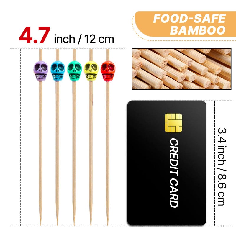 PuTwo Cocktail Picks Handmade Bamboo Toothpicks 100ct 4.7" in Multicolor Skulls - Image 2